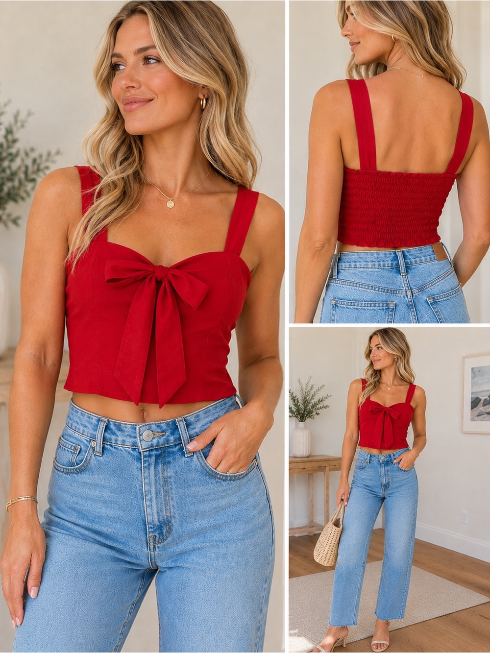 Women's Red Bow-Front Crop Tank Top